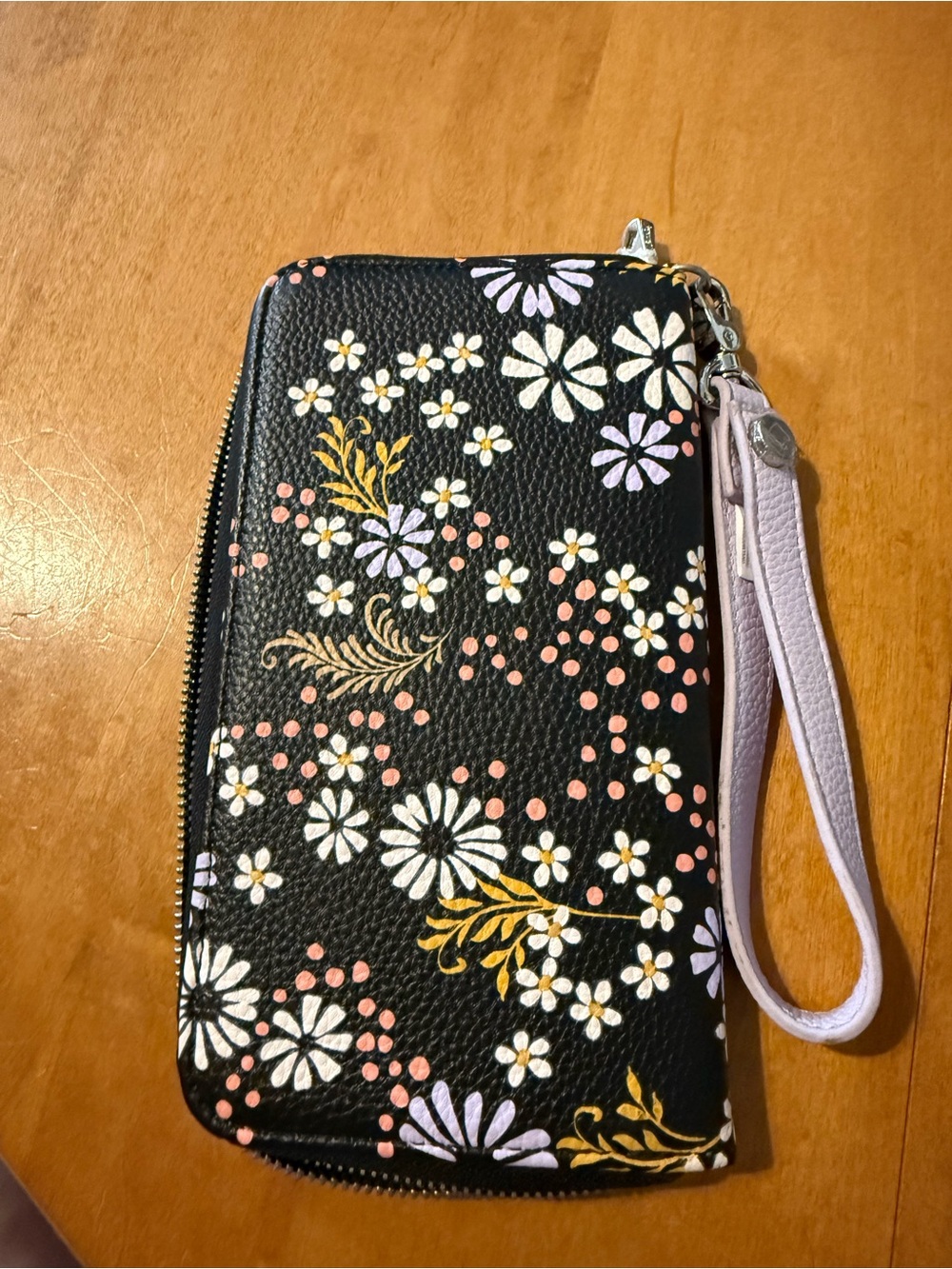 Floral Black Wristlet Clutch with Lavender Strap